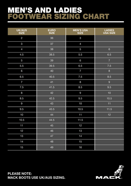 Mack Vision | Lightweight safety shoes NZ size chart